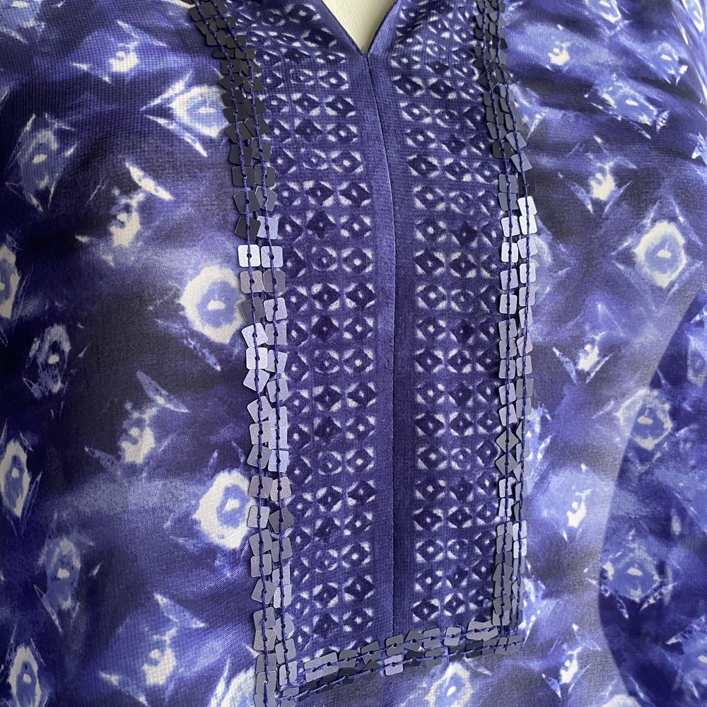 Chicos L Sheer Blue Artsy Sequin V-neck 3/4 Sleeve Tunic Blouse Boho Festival - Picture 4 of 13